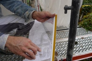window return mesh with adhesive strip